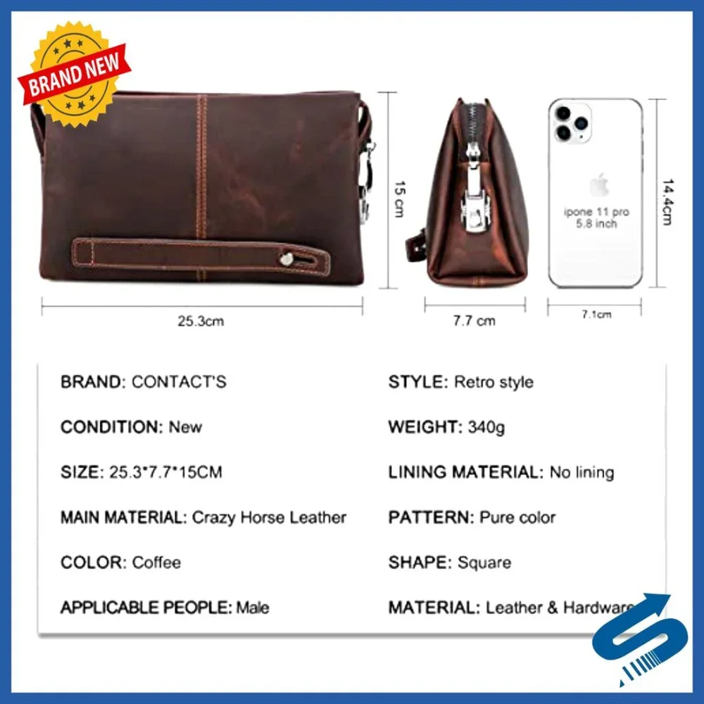 Men's Genuine Leather Clutch Bag with Code Lock, Phone Holder, Travel Business